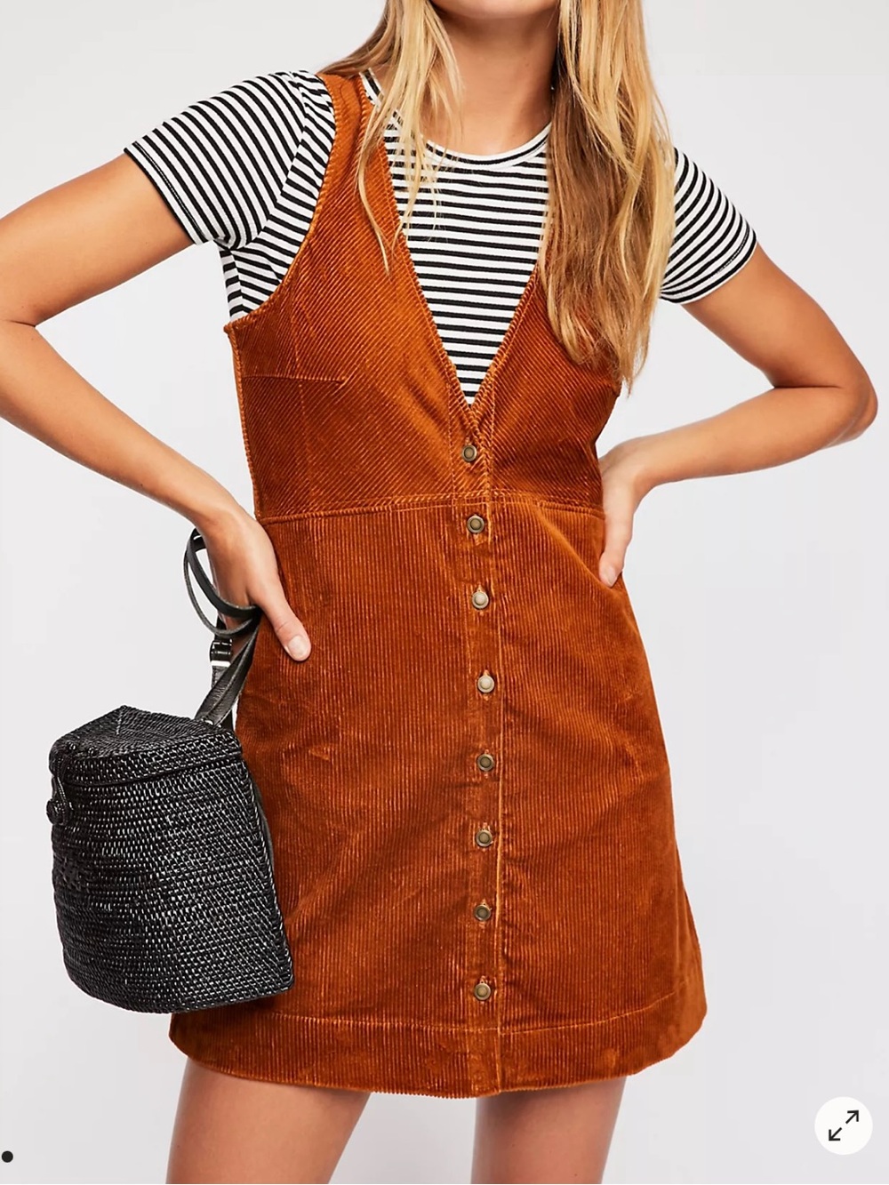 Free People Rust Corduroy Button-Front Mini Pinafore Dress